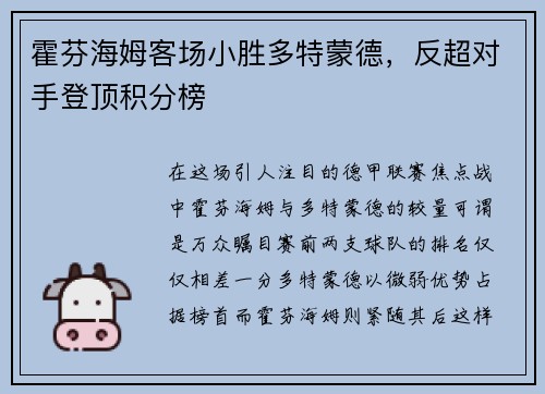 霍芬海姆客场小胜多特蒙德，反超对手登顶积分榜