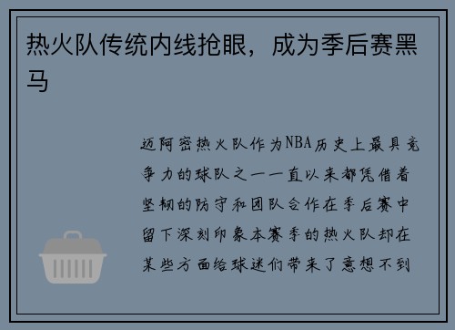 热火队传统内线抢眼，成为季后赛黑马
